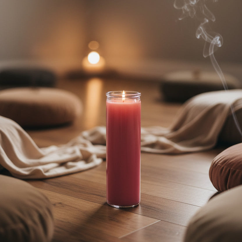 
                  
                    A lit pink pillar candle in a clear glass holder sits on a wooden floor, surrounded by cushions and draped blankets in a softly lit room with visible smoke rising.
                  
                