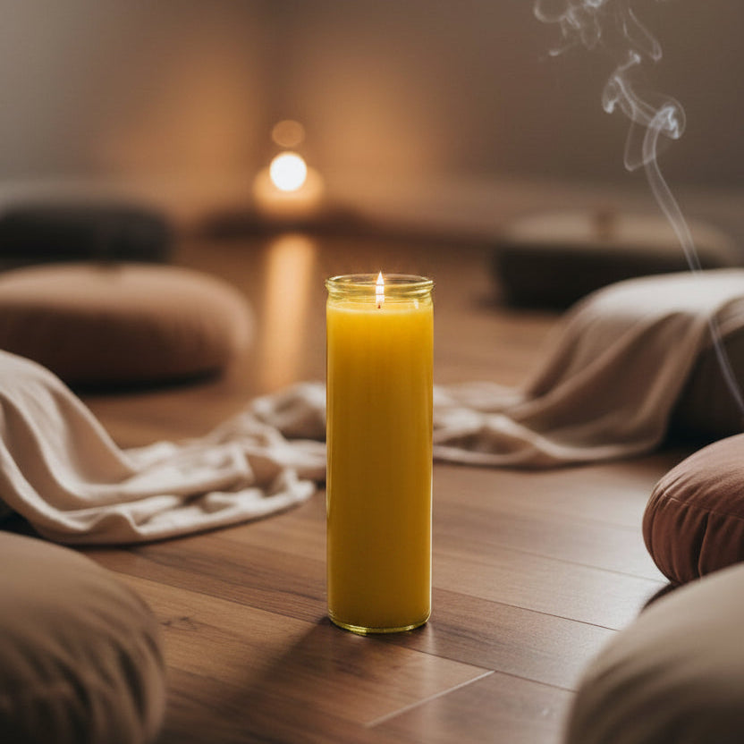 
                  
                    A lityellow 7-day pillar candle stands on a wooden floor in a softly lit room, with smoke rising and cushions and draped fabric around it.
                  
                