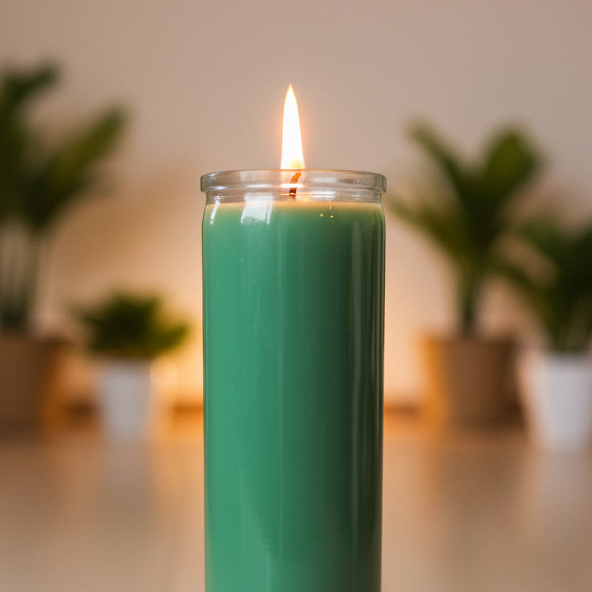 
                  
                    A tall, cylindrical green candle in a clear glass jar with a lit flame, set on a light wooden surface with a softly blurred background of potted plants.
                  
                
