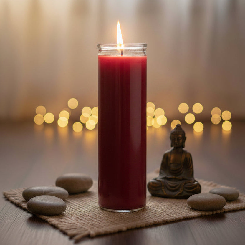 
                  
                    A tall red pillar candle in a clear glass jar stands lit on a wooden surface, with a Buddha statue, smooth stones, and a smoking incense stick in a softly blurred warm background.
                  
                