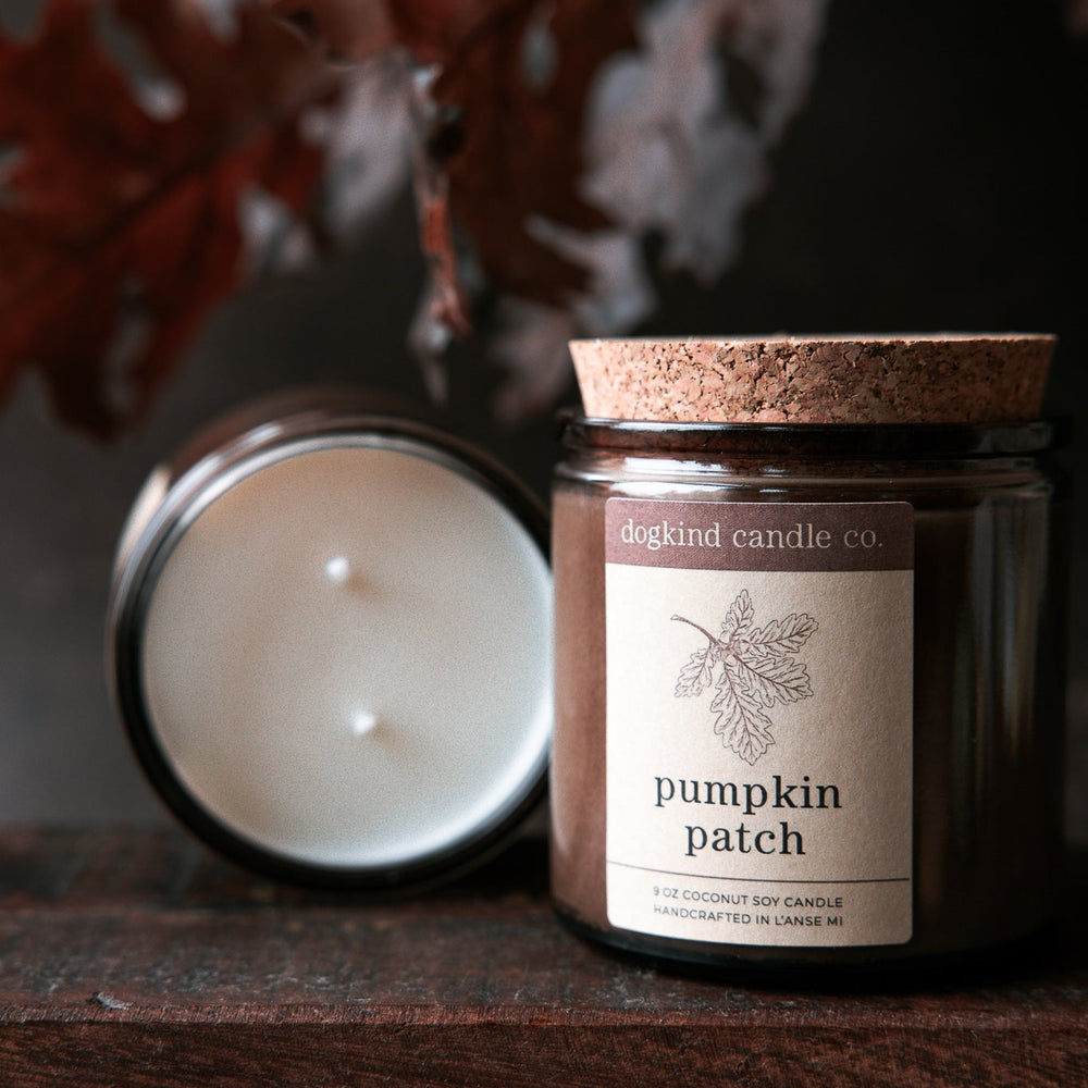 Fall scented Candle labeled 'pumpkin patch' from Dogkind Candle Co. on a wooden surface with a dark background and autumn oak leaves.