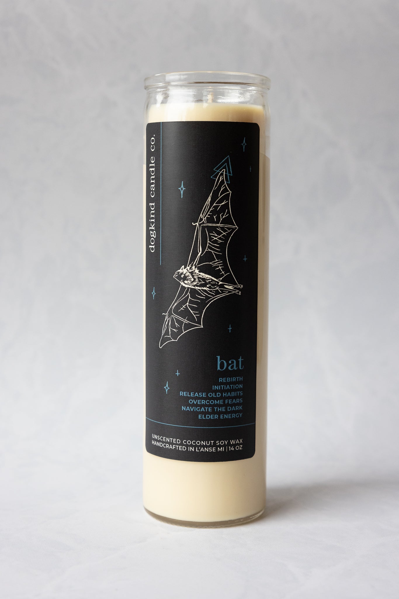 
                  
                    Animal medicine spirit animal unscented Candle with a bat design and text on a gray background
                  
                
