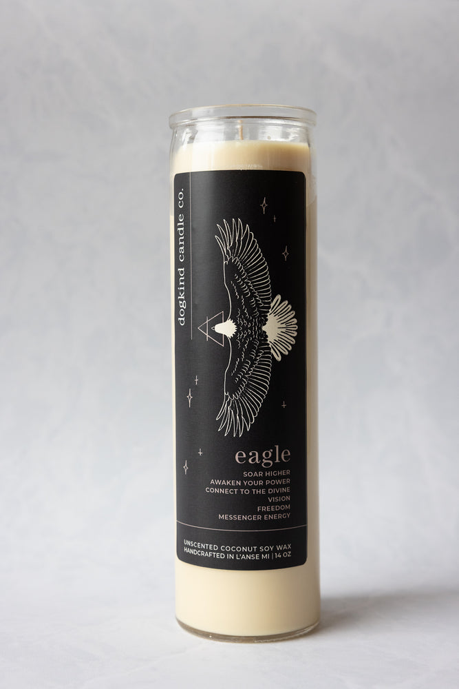 
                  
                    Animal medicine spirit animal unscented Candle with a bald eagle design on a black label against a gray background
                  
                