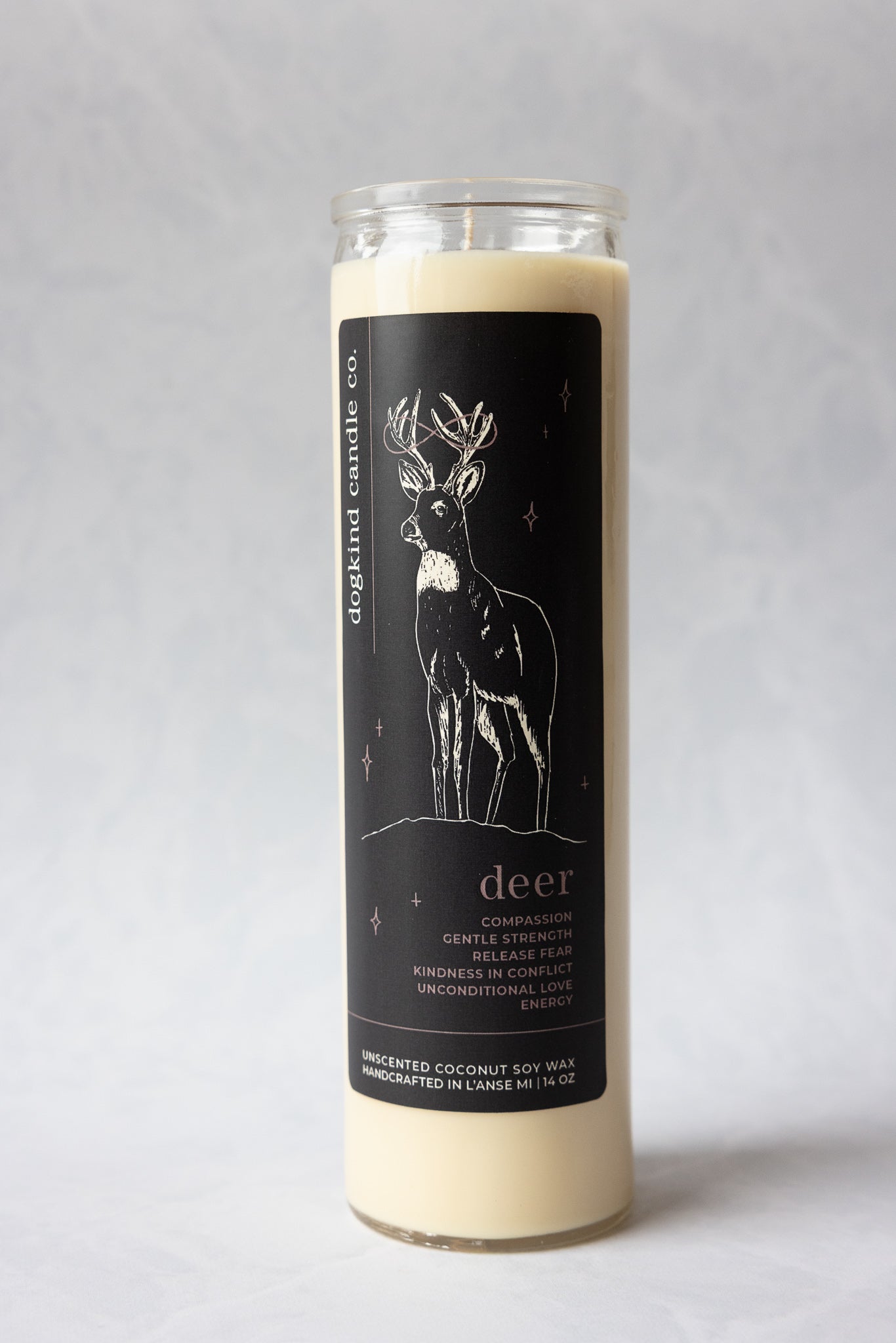 
                  
                    Animal medicine spirit animal unscented Candle with a buck deer illustration on a black label against a gray background
                  
                
