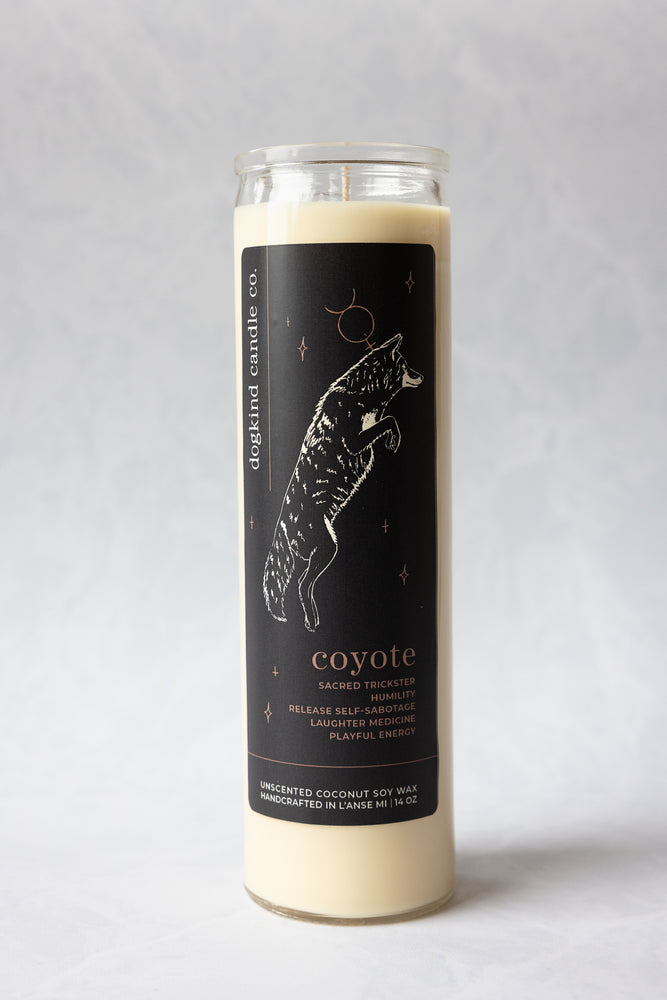 
                  
                    Animal medicine spirit animal unscented candle with a black label featuring a coyote illustration.
                  
                