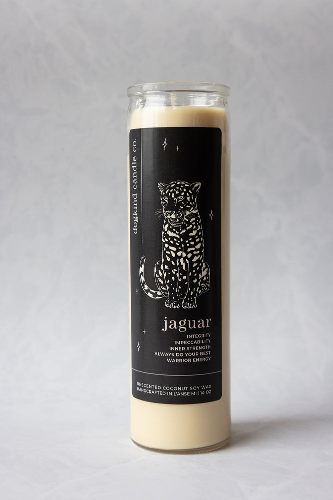 
                  
                    Animal medicine spirit animal unscented Candle with a black label featuring a jaguar illustration on a gray background
                  
                