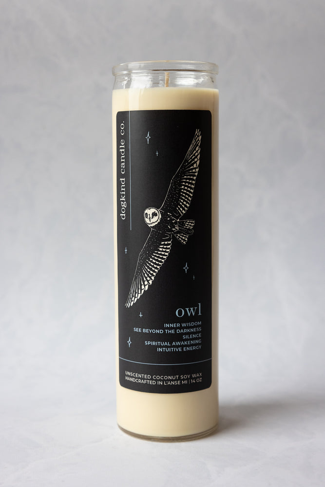 
                  
                    Animal medicine spirit animal unscented Candle with an owl design on a label against a white background
                  
                