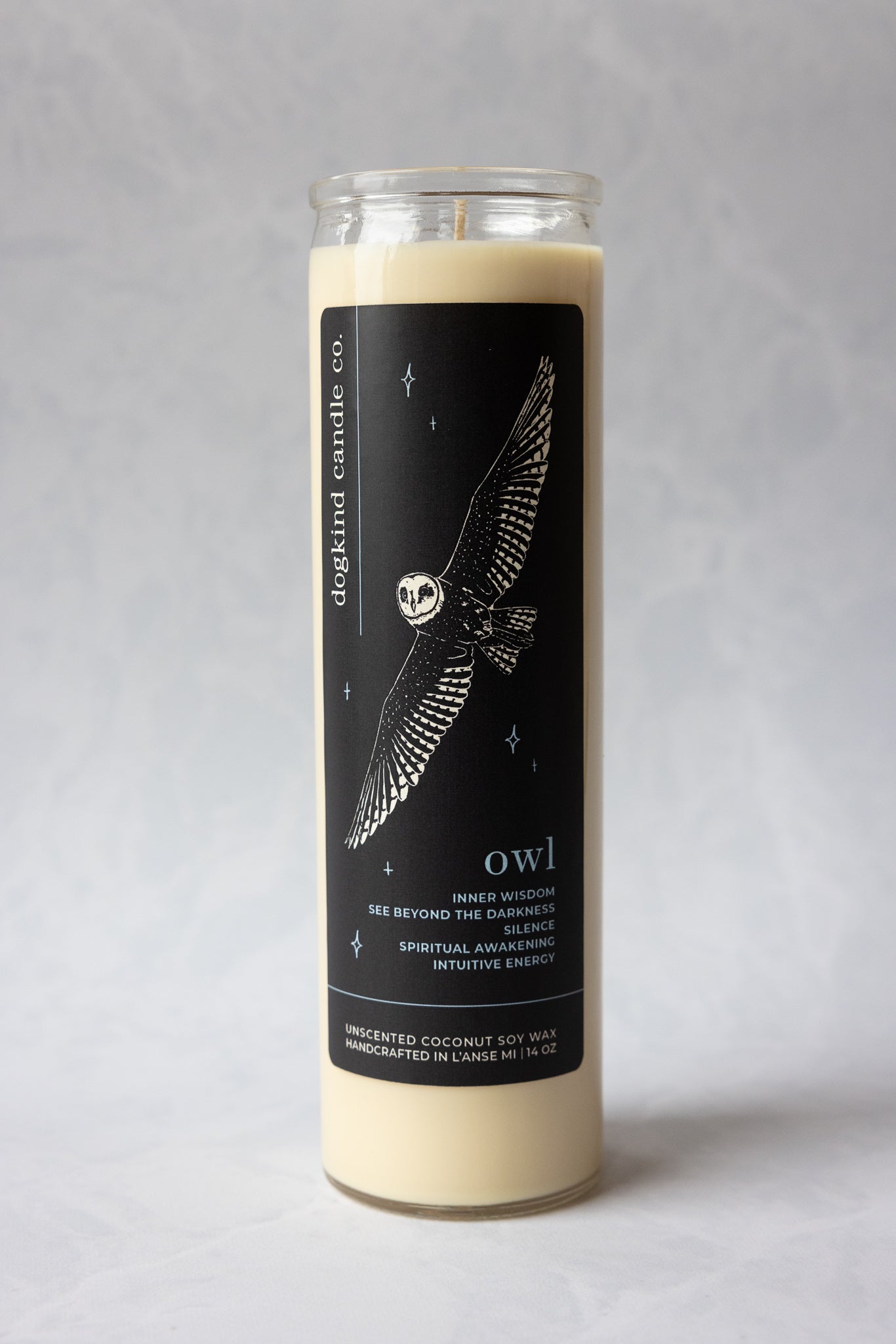
                  
                    Animal medicine spirit animal unscented Candle with an owl design on a label against a white background
                  
                