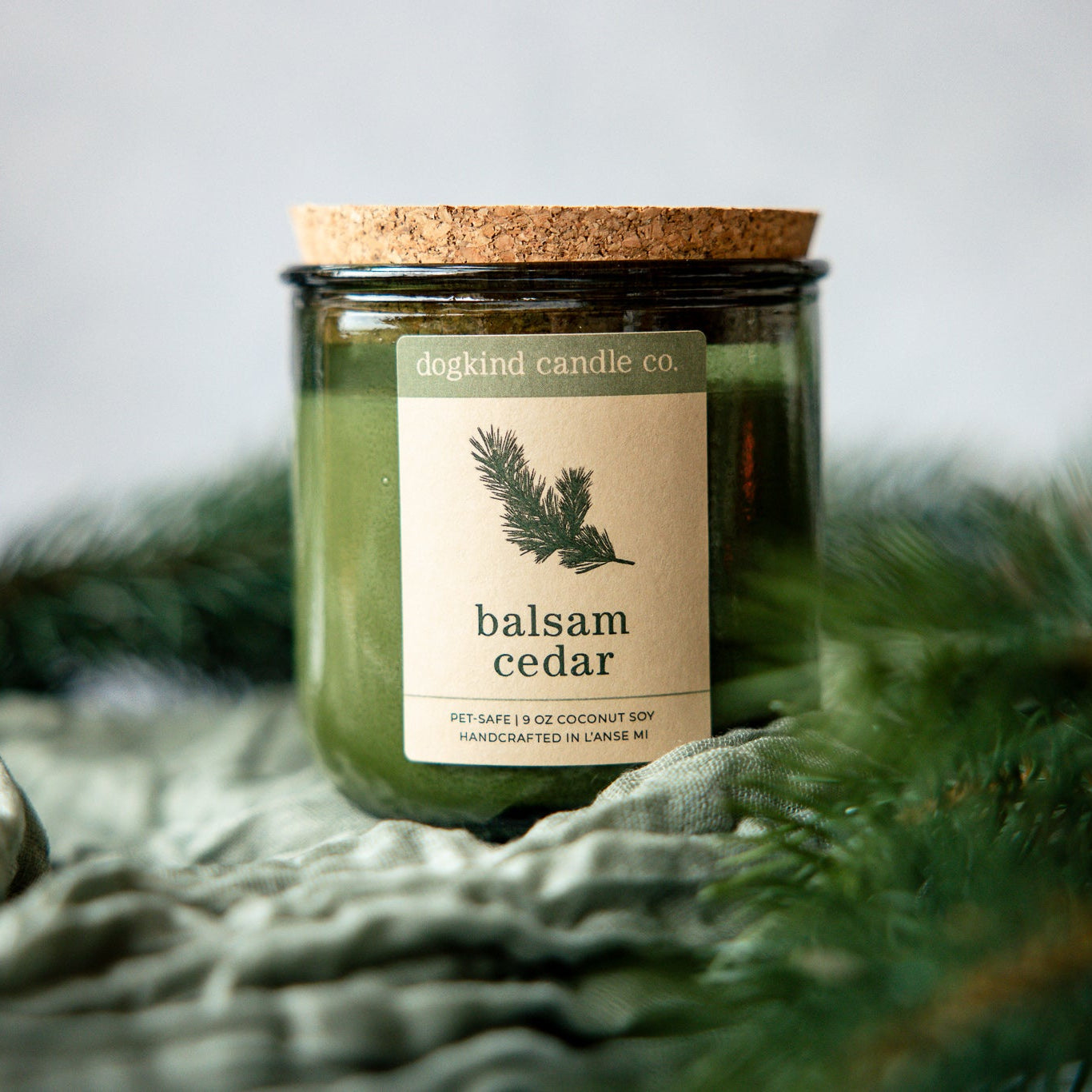 Balsam Cedar holiday scented candle from Dogkind Candle Co. on a textured surface with pine greenery in the background.
