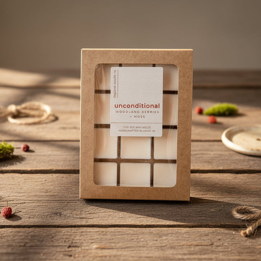 unconditional valentine's day soy wax melts packaged in a kraft cardboard box on a light gray background