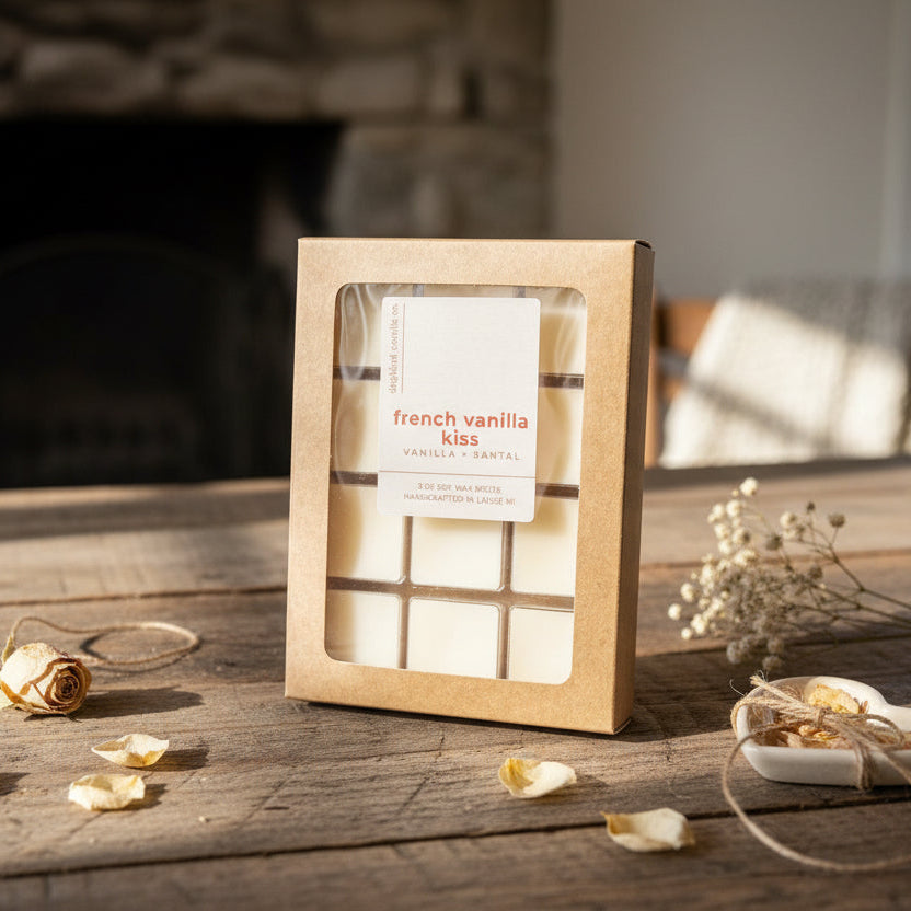 French Vanilla Kiss soy wax melts in a brown cardboard packaging with 'French Vanilla Kiss' label on a white background