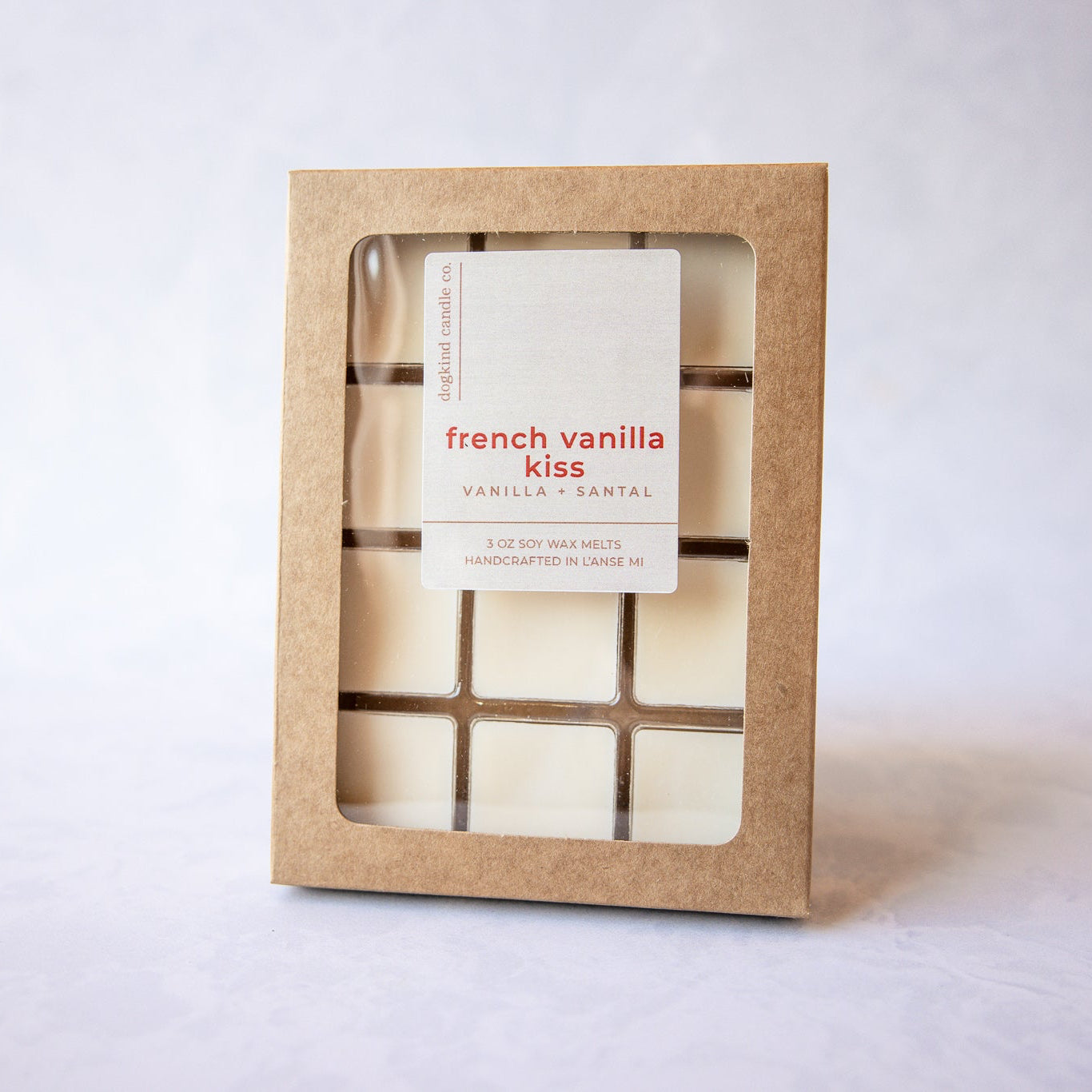 Soy wax melt in a brown cardboard packaging with 'French Vanilla Kiss' label on a white background