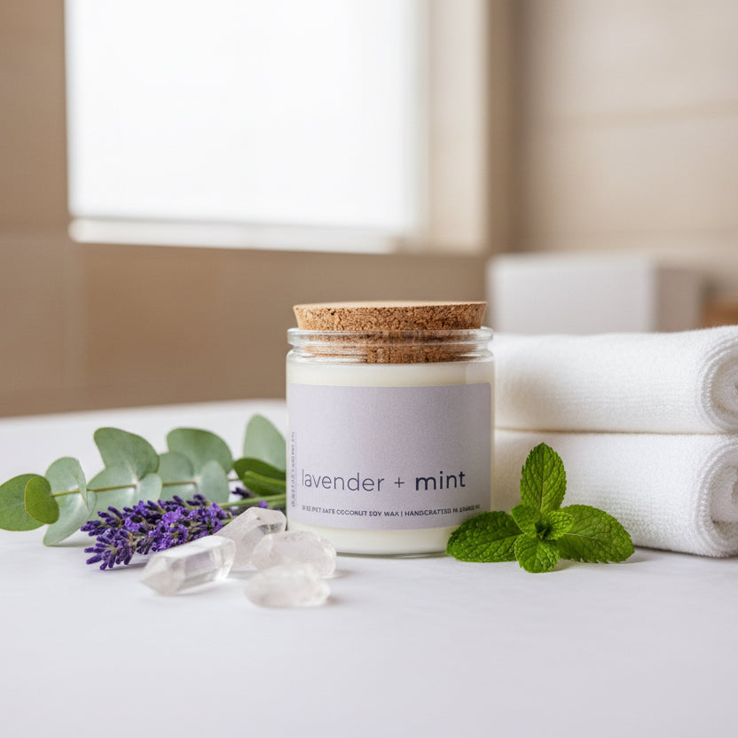 
                  
                    Candle jar labeled 'lavender + mint' with a cork lid on a light background
                  
                