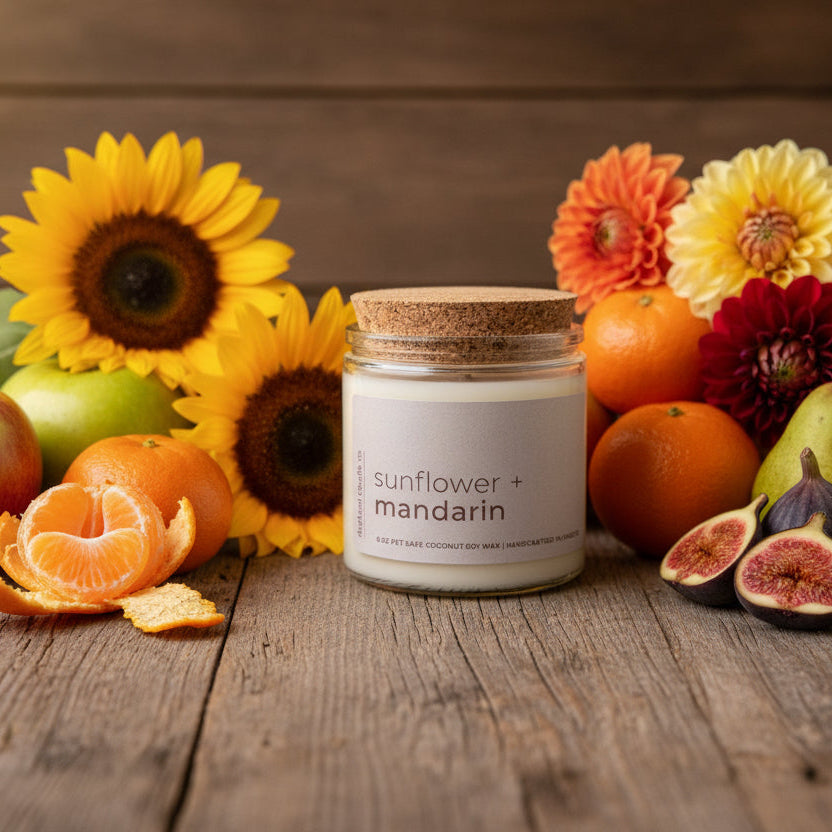 
                  
                    Candle jar labeled 'sunflower + mandarin' with a cork lid on a light background
                  
                