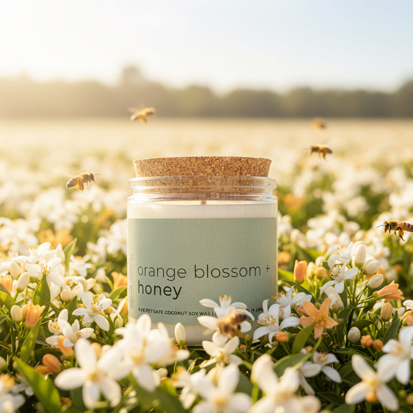 
                  
                    Candle jar labeled 'orange blossom honey' on a plain background
                  
                