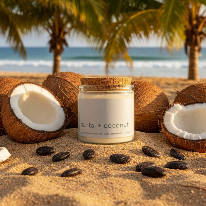 
                  
                    Candle in a glass jar with a cork lid in a tropical sandy beach background
                  
                