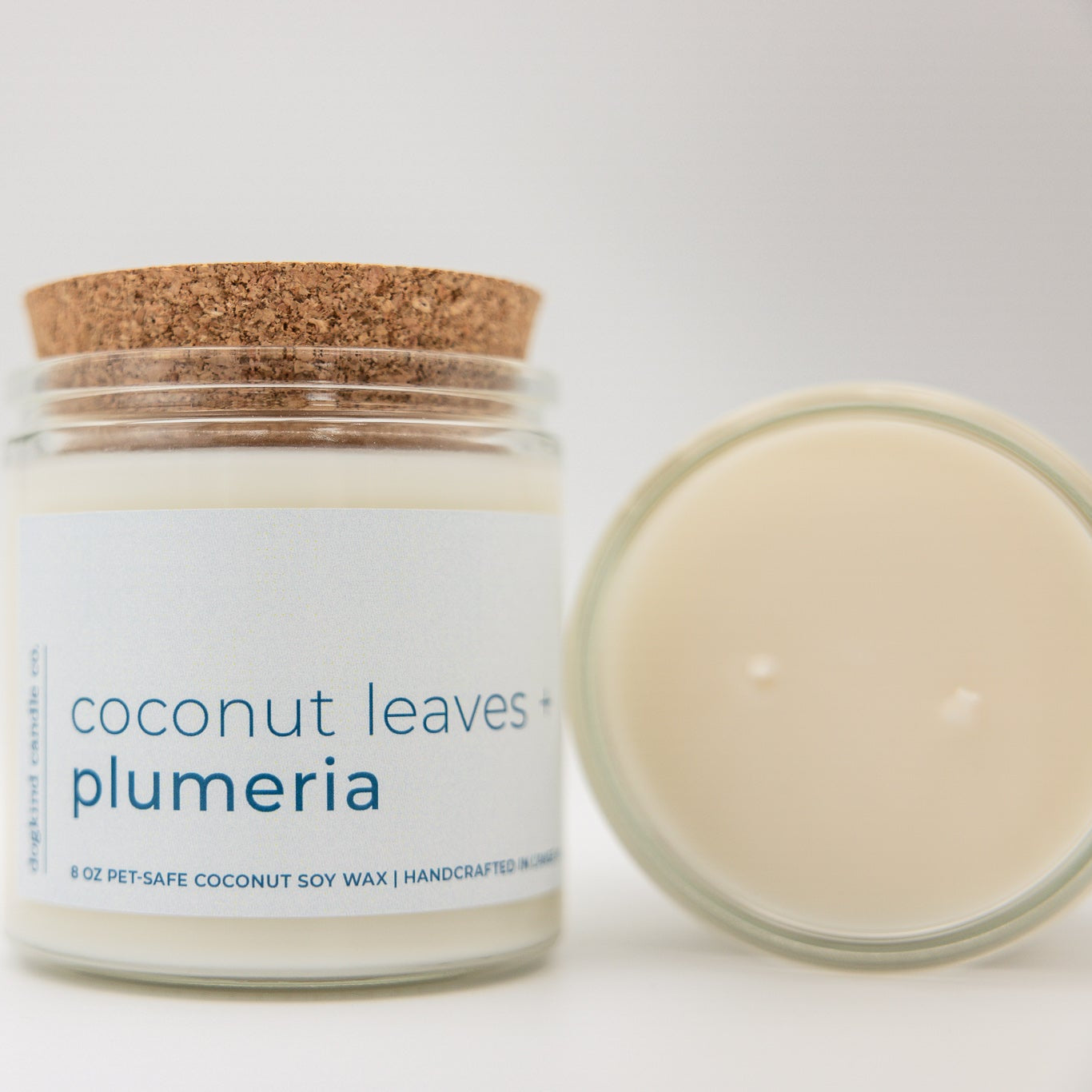 
                  
                    Candle jar labeled 'coconut leaves plumeria' with a cork lid on a white background
                  
                