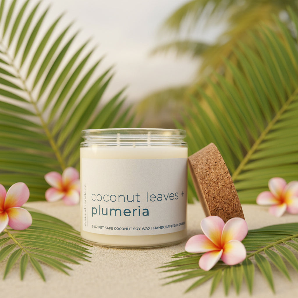 
                  
                    Candle jar labeled 'coconut leaves + plumeria' with a cork lid set in palm leaves and plumeria flowers
                  
                