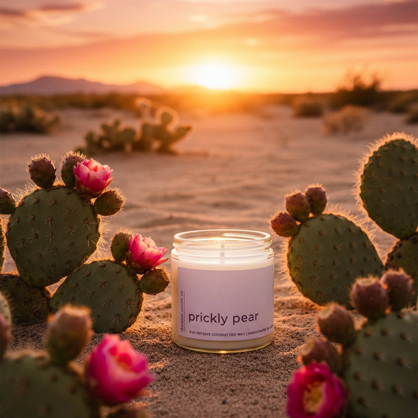 
                  
                    Candle in a glass jar labeled 'prickly pear' in a desert setting at sunset with cactus blooms
                  
                