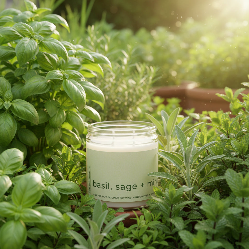 
                  
                    Candle labeled 'basil, sage + mint' in a summer herb garden
                  
                