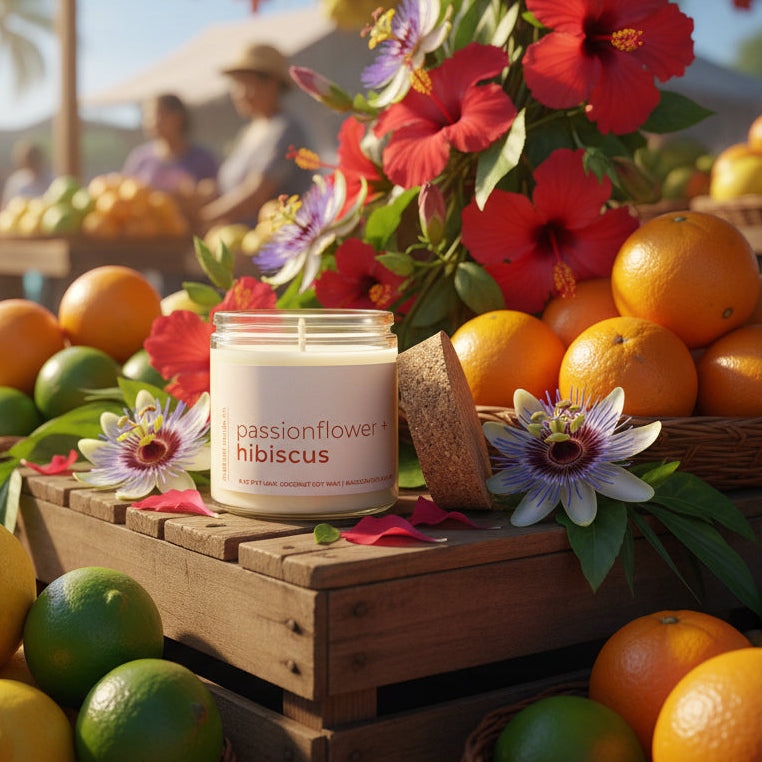 
                  
                    Candle jar labeled 'passionflower hibiscus' with a cork lid in a caribbean fruit market setting
                  
                