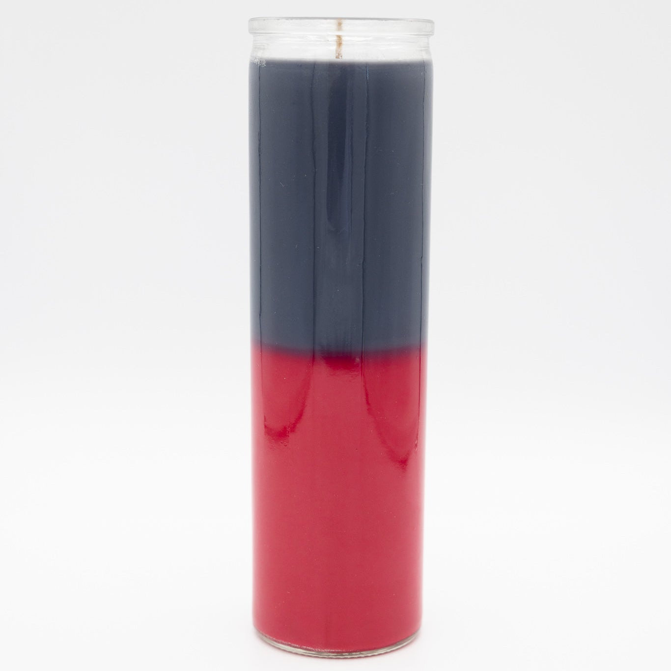 
                  
                    A 7-day prayer candle with a two-tone design, featuring a black top half and a vibrant red bottom half, set against a plain white background.
                  
                