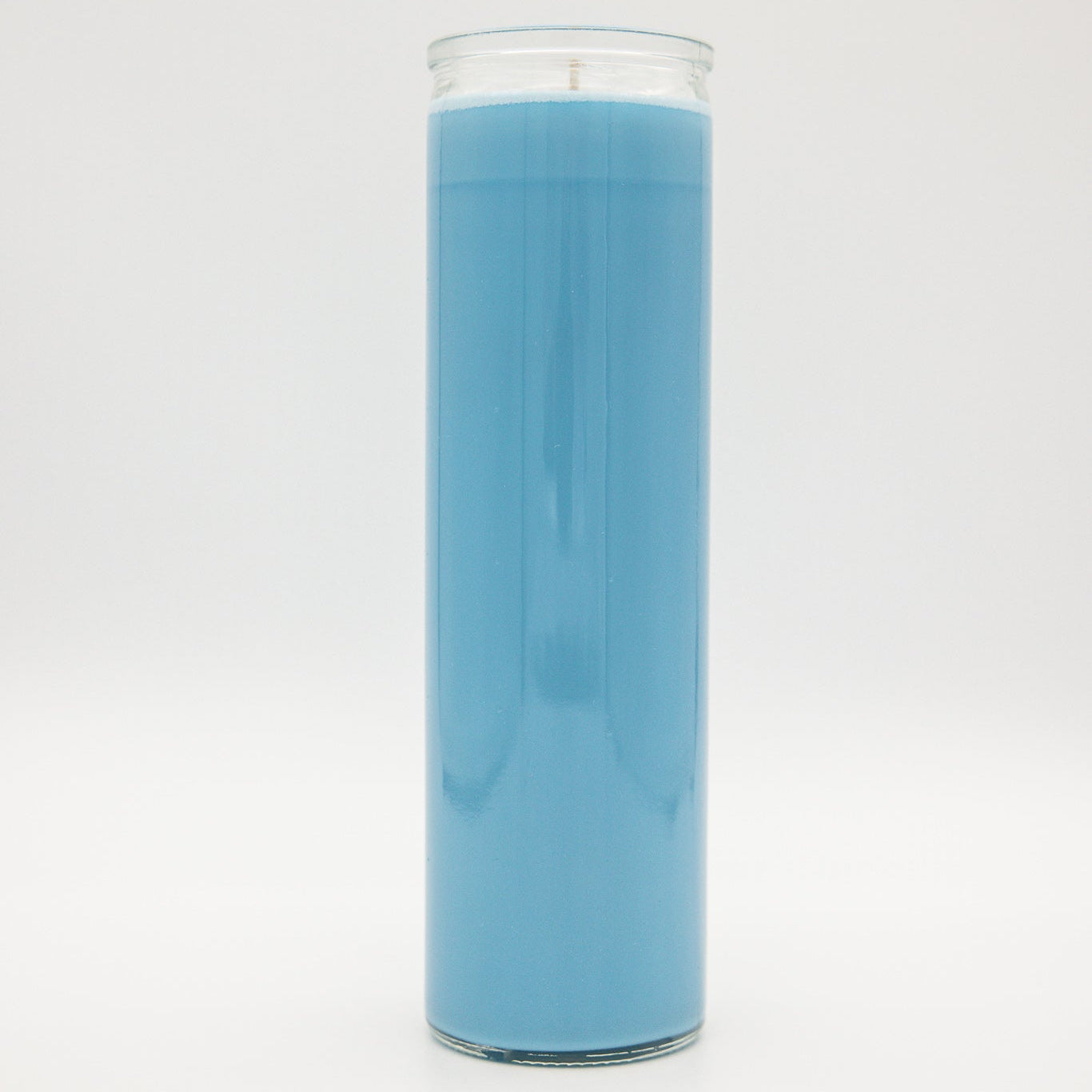 
                  
                    A 7-day prayer candle filled with light mayan blue wax, set against a seamless white studio background.
                  
                