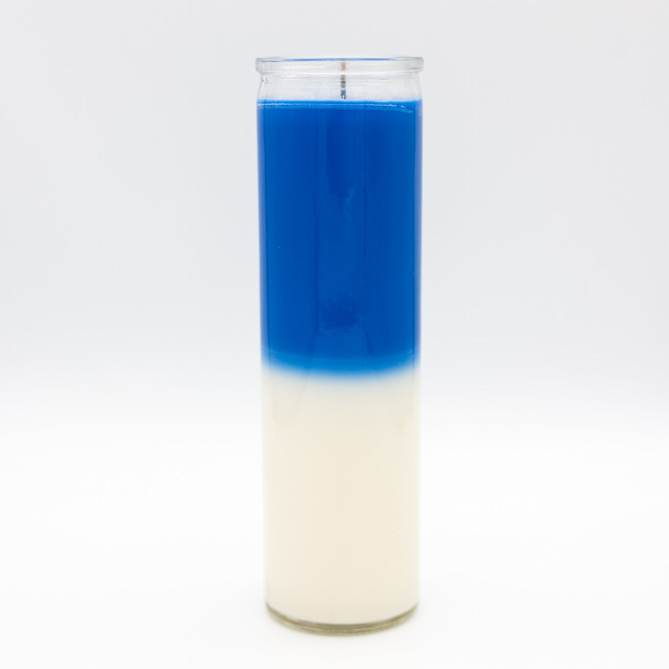
                  
                    A 7-day prayer candle with a two-tone color design, featuring a vibrant blue top half and an off-white bottom half, set against a seamless white background.
                  
                