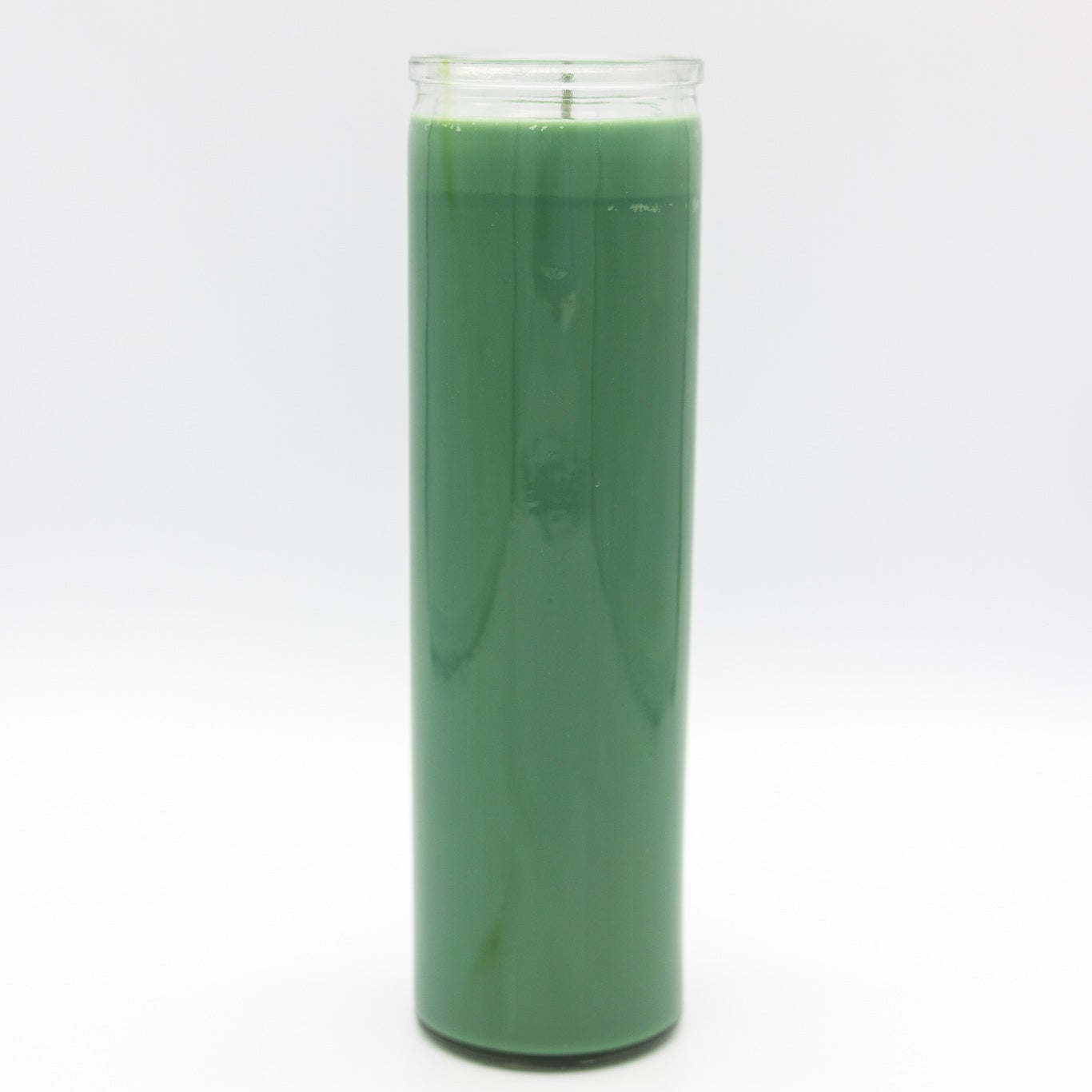 
                  
                    A 7-day prayer candle filled with green wax, standing upright against a seamless white background.
                  
                