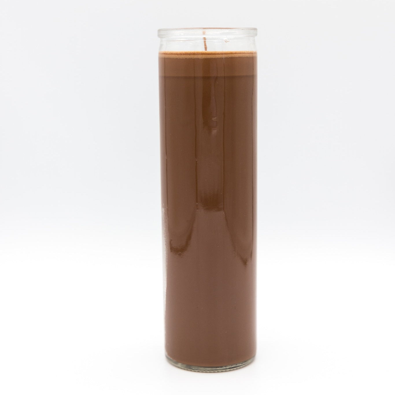 
                  
                    A 7-day prayer candle filled with smooth, glossy brown wax, standing upright on a seamless white background.
                  
                