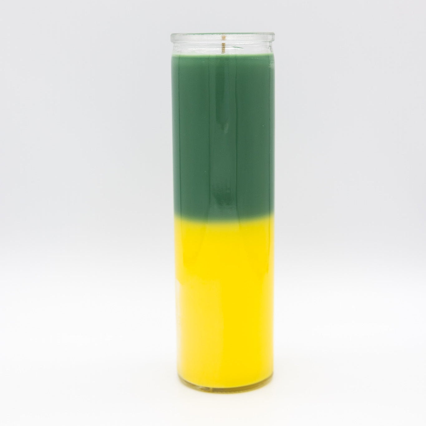 
                  
                    A 7-day prayer candle with a two-tone design, featuring a dark green top half and a bright yellow bottom half, set against a plain white background.
                  
                