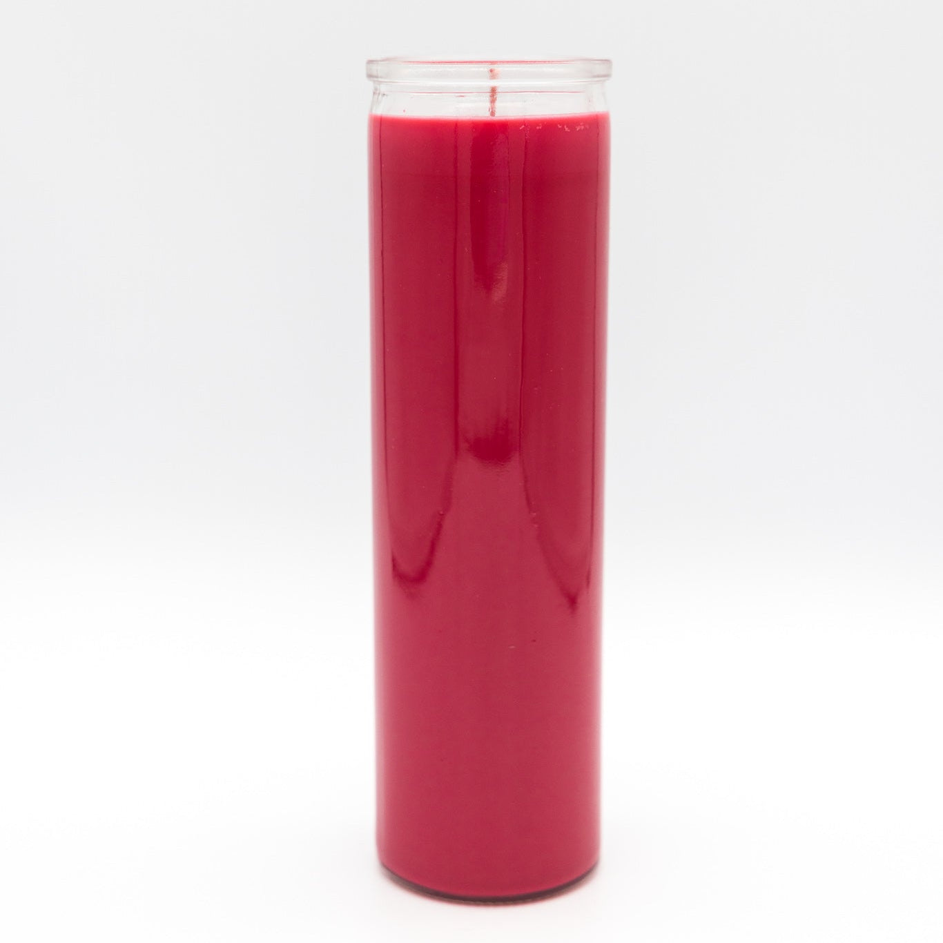 
                  
                    A 7-day prayer candle filled with vibrant red wax, standing upright on a seamless white background.
                  
                