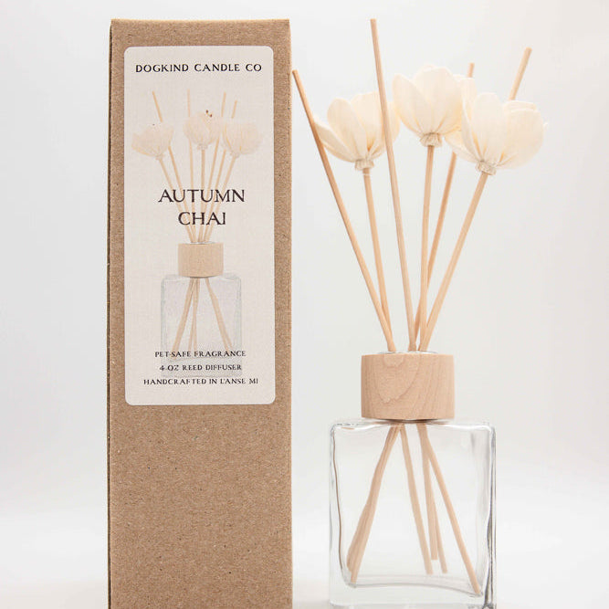 Dogkind Candle Co. Autumn Chai reed diffuser with a clear glass bottle, natural wood cap, beige reeds, and three cream flower tips, shown next to its brown kraft paper packaging box on a white background.