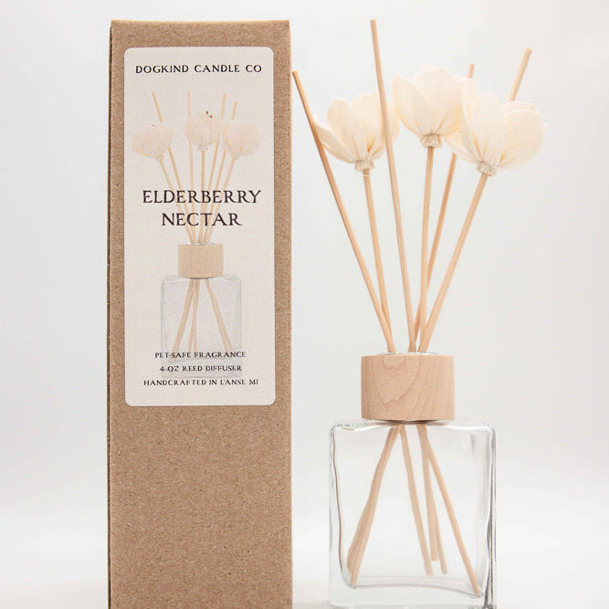 Dogkind Candle Co Elderberry Nectar reed diffuser with a clear glass bottle, natural wood cap, and reeds, standing next to its brown kraft paper packaging box on a white background.