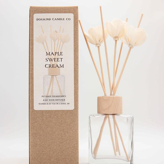 Dogkind Candle Co. Maple Sweet Cream reed diffuser with a clear glass bottle, natural wood cap, beige reeds, and cream flower tips, shown next to its kraft paper packaging box on a white background.